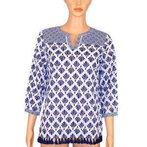 Talbots Boho Tunic Blouse Fringed Hem Beachy Nautical Vibes Size Small Petite